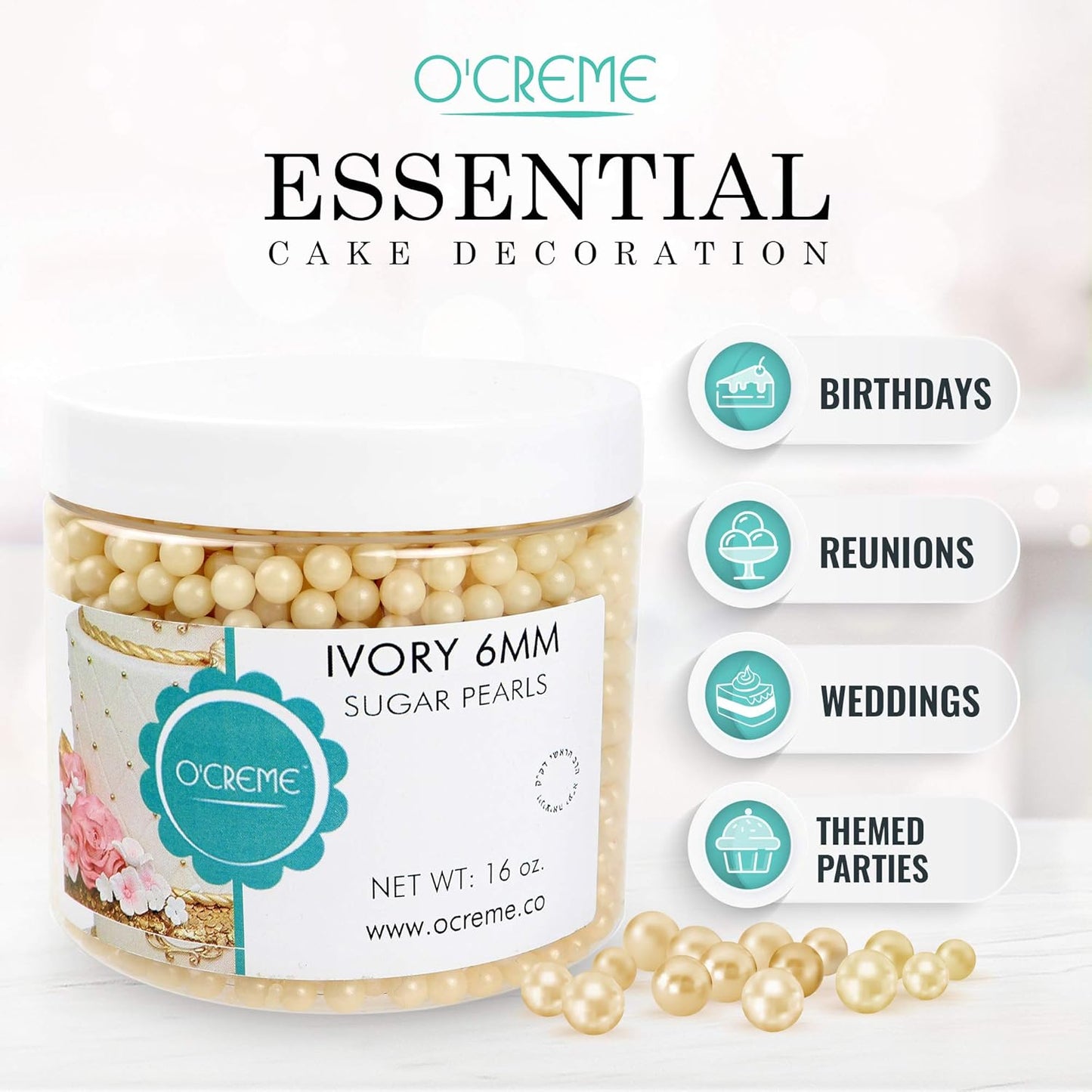 O'Creme Ivory Edible Sugar Pearls Cake Decorating Supplies for Bakers: Cookie, Cupcake & Icing Toppings, Beads Sprinkles For Baking, Certified, Candy Sugar Ball Accents (5mm, 16 oz)