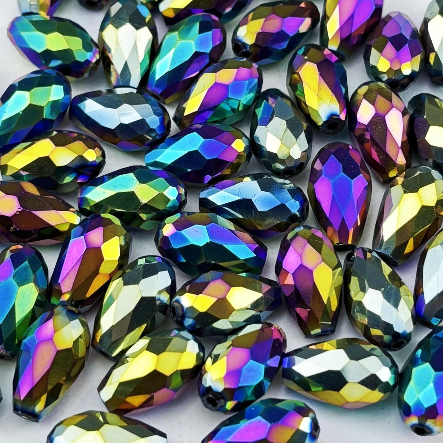 130pcs 6x8mm Teardrop Crystal Glass Beads for Jewelry Making, Faceted Vertical Hole Teardrop Glass Spacer Beads for Wind Chimes Bracelet Earring Necklace DIY Craft(Rainbow)