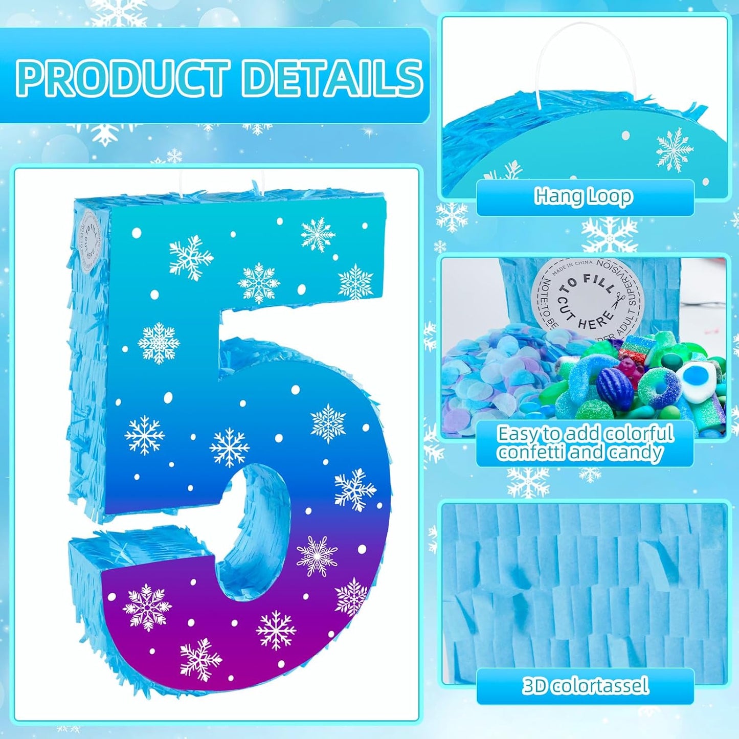 Snowflake Birthday Decorations, Winter Ice Snowflake Number 5 Pinata with Stick Blindfold and Confetti Snowflake Piñata 5th Birthday Party Decoration & Supplies (Snowflake 5)