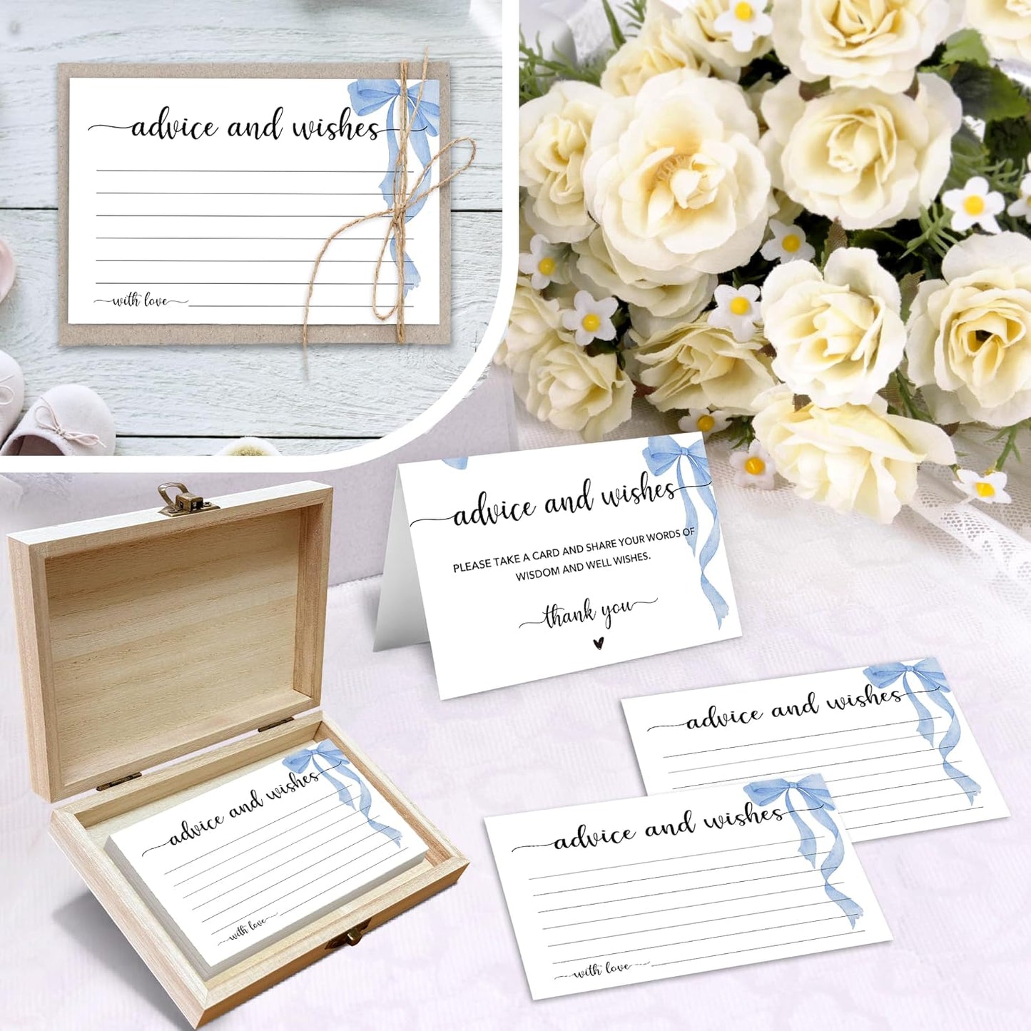 Advice and Wishes Cards Box, 50 Pcs Birthday Wedding Baby Shower Advice Cards, Well Wishes Box for Birthday Party Graduation Bridal Shower Retirement Party, Anniversary(Blue Bow) -A01