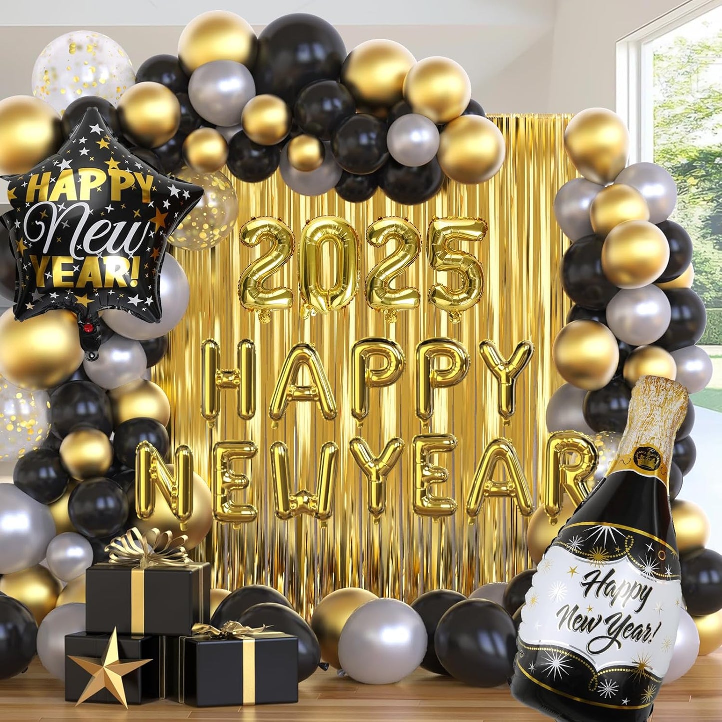 Nye Decorations 2025, Black and Gold Balloons 2025 Number Balloons Champagne Balloons New Year Banner Fringe Backdrop for New Years Eve Party Supplies 2025