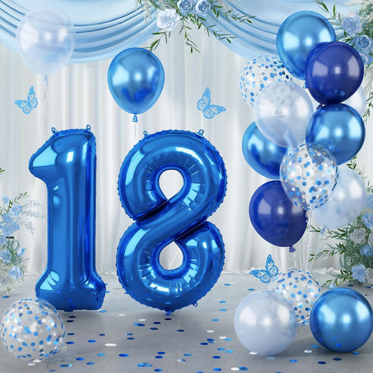 Navy Blue 18 Balloons, 40 Inch Dark Blue Foil Number 18 Balloon Set, XXL Self Inflating 18 Helium Balloon with Metallic Blue Silver Confetti Balloon for Men 18th Birthday Anniversary Party Decorations