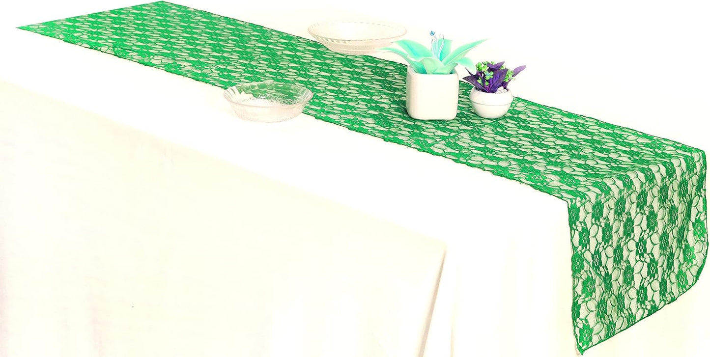 MDS Pack of 10 Wedding 12 x 108 inches Lace Table Runner for Wedding, Decorations for Birthday Parties, Banquets, Graduations, Engagements, and Runners fit Rectangle, Round Table- Green