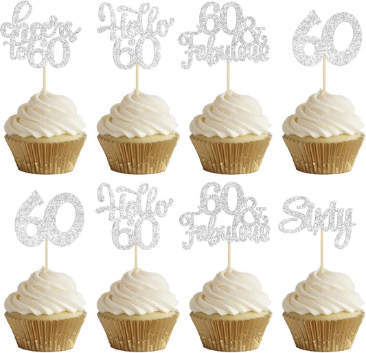 30Pcs Happy 60th Birthday Cupcake Toppers Silver Glitter Sixty Cake Toppers Cheers to 60 Years Old Birthday Cupcake Picks for 60th Birthday Anniversary Party Cake Decorations Supplies