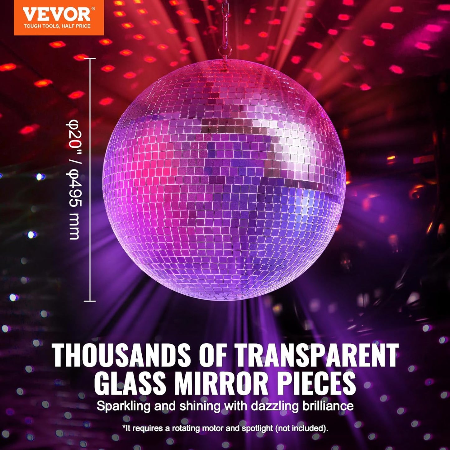 VEVOR Mirror Disco Ball, Large 20 Inch Party Mirror Ball with Hanging Ring, Lightning Disco Ball Party Decorations, Ideal for DJ Club, Stage, Wedding, Birthday, Christmas, New Years Celebration