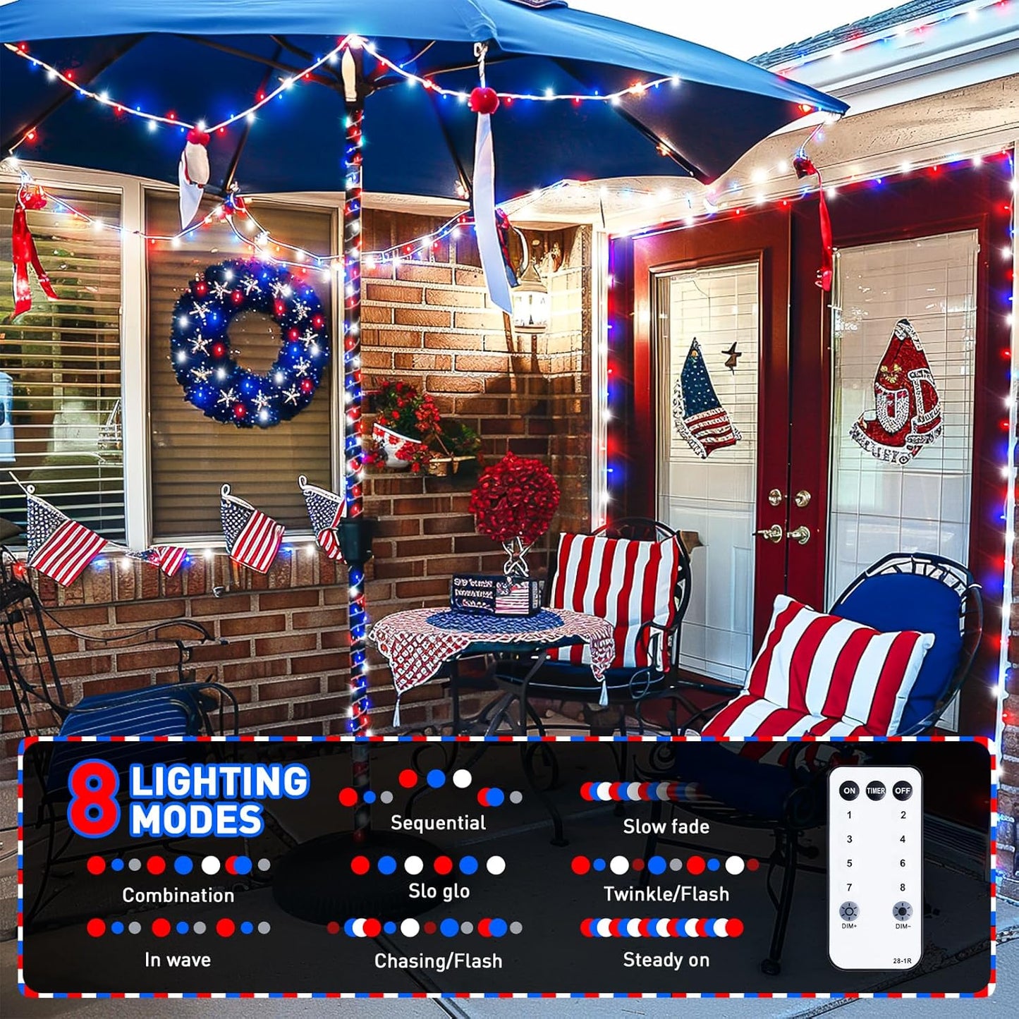 JMEXSUSS 600 LED Red White and Blue Lights Outdoor Plug in, 4th of July Decorations Outdoor Lights for Memorial Day Patriotic American Holiday Tree Party Independence 4th of July Decor