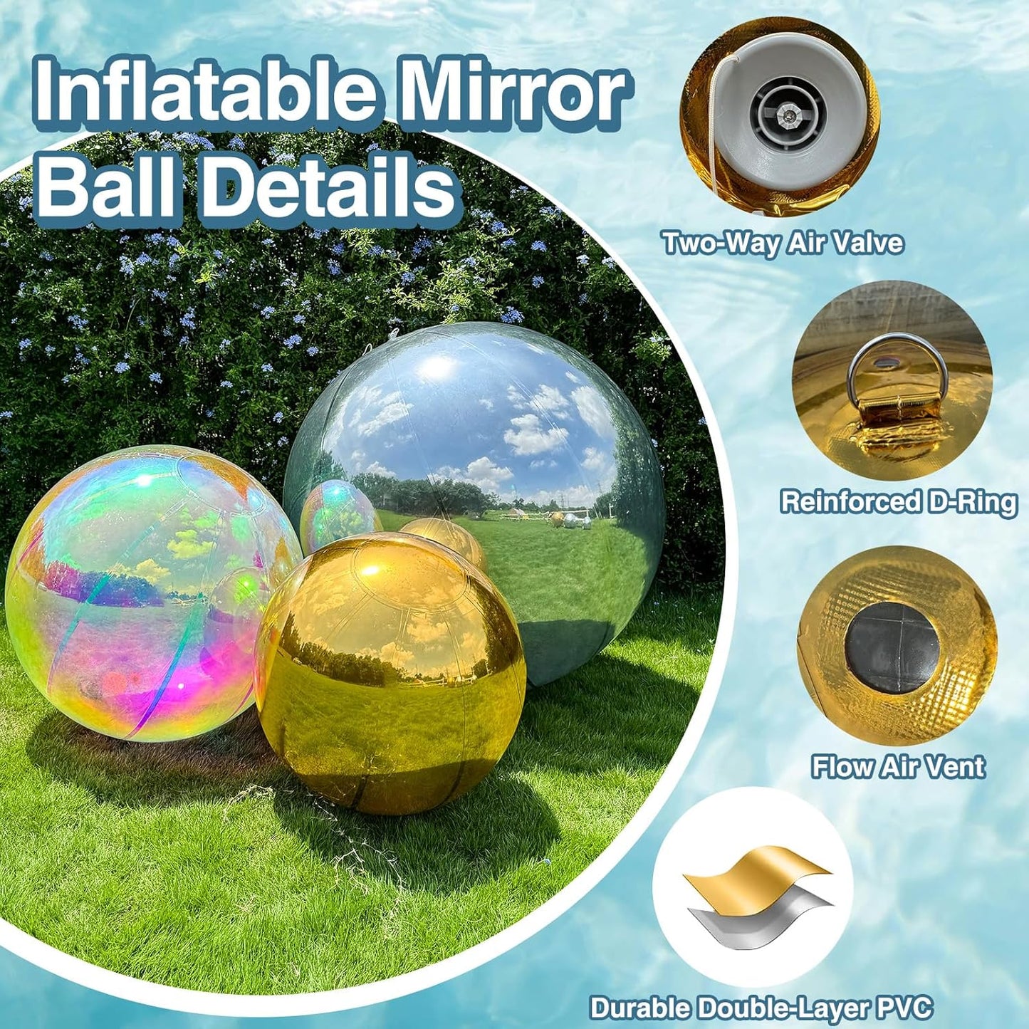 Inflatable Mirror Ball, Gold Big Shinny Balls Reusable Large PVC Disco Ball Balloon for Large Event Decoration, Party, Wedding Decor, Concerts, Stage (1 Pcs, 1m/39.4in Without Air Pump)