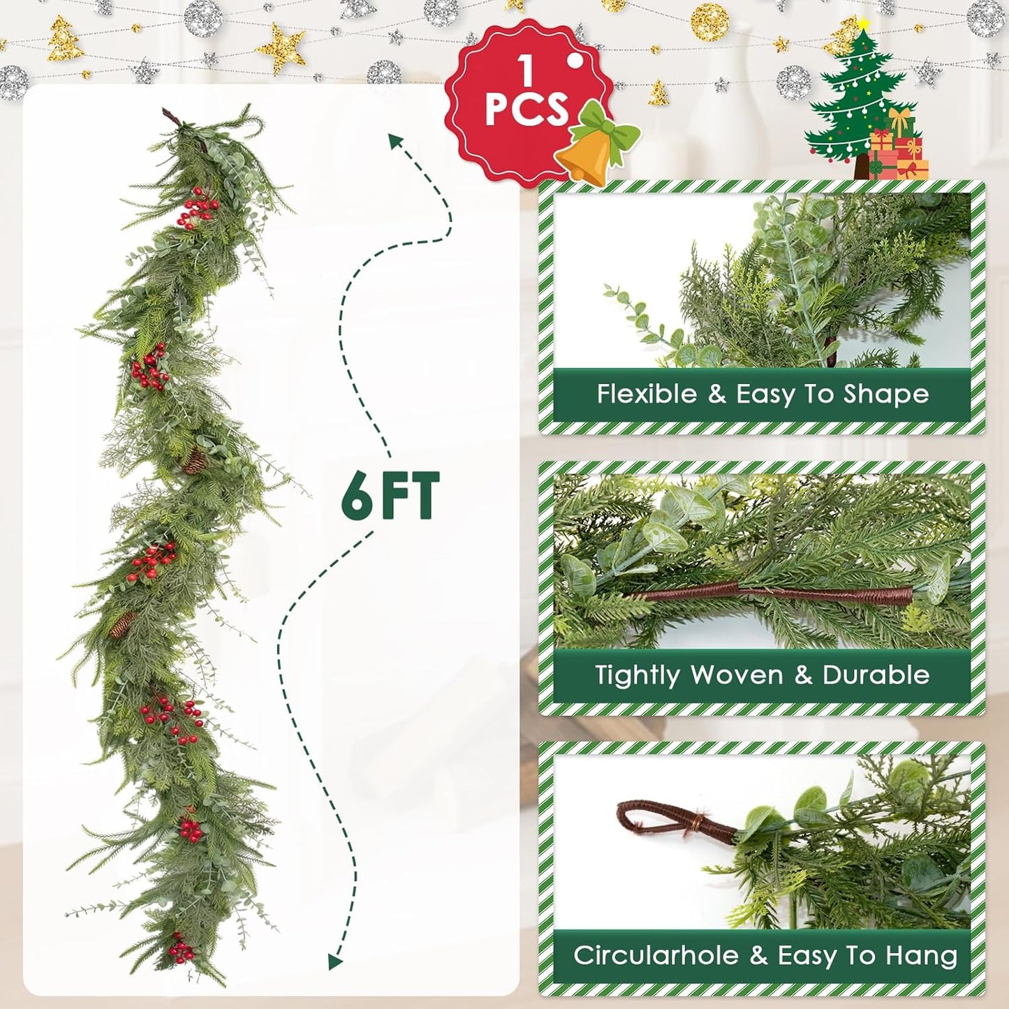 6FT Christmas Garland Norfolk Pine Tree Artificial Cedar Eucalyptus Greenery, Realistic Pine Garland for Mantel Fireplace Stair Rail Doorway Table Centerpiece, Indoor Outdoor Winter Decor