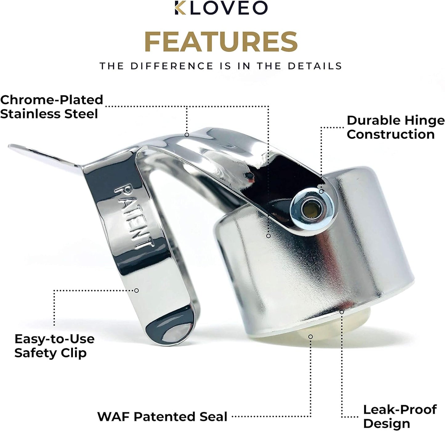 KLOVEO Champagne Stoppers - Patented Seal - Made in Italy - Professional Grade WAF Champagne Bottle Stopper - Prosecco, Cava, and Sparkling Wine Bottle Stopper