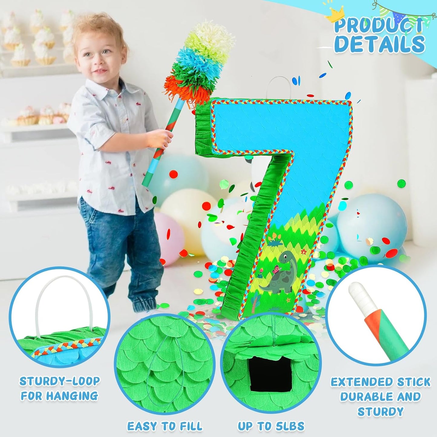 Number 7 Pinata for Birthday Party Decorations, Jungle Dinosaur Piñata Games Toy (7th)