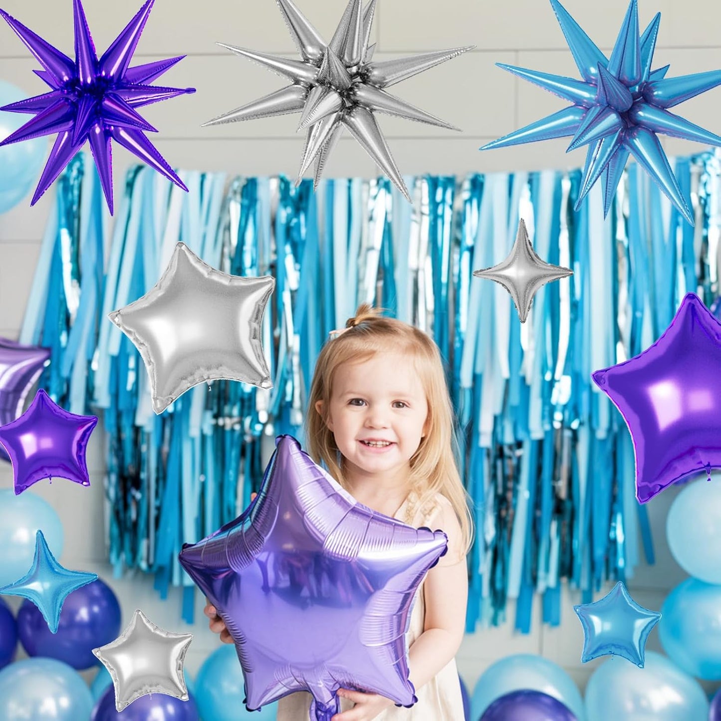 16 Pcs Blue Purple Silver Star Balloons, 22/18/10 Inch Foil Balloons, Four-Pointed Balloon for Boy Men Birthday Graduation Wedding Baby Shower Galaxy Space Party Decorations