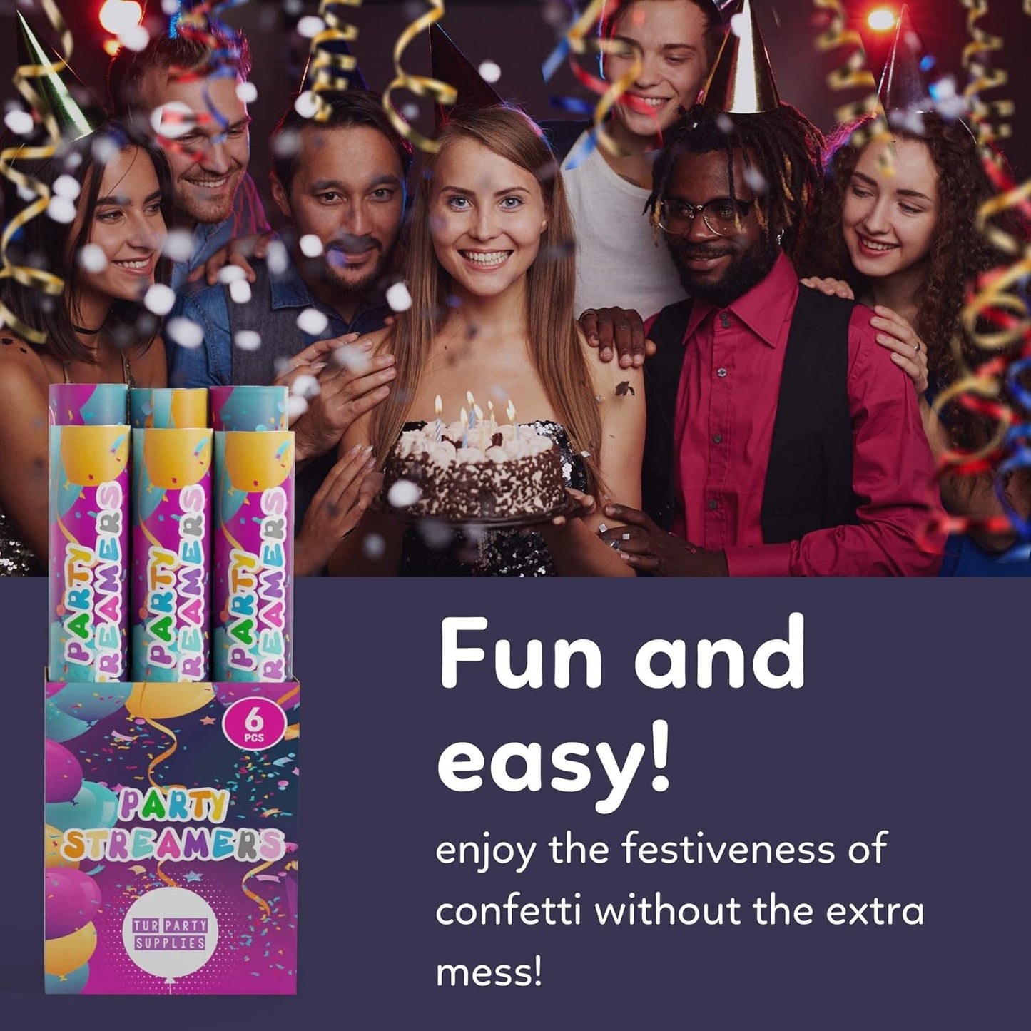 No Mess Streamer Confetti Cannon Party Poppers | 6 Pack | Multicolor Streamers | Glitter Bomb Confetti Shooters | Decoration for Birthday, Wedding | Launches 25 ft | 12 inch | TUR Party Supplies