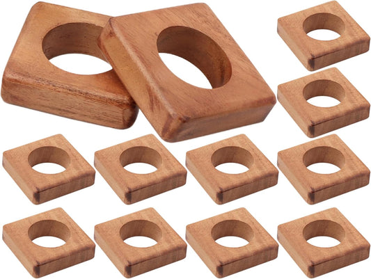 Wooden Napkin Rings Set of 12 Fall Decor for Home Square Acacia Wood Napkin Holders for Dining Table Settings Wood Napkin Ring Rustic Table Décor for Weddings, Parties, and Everyday Use - CLEENTABLE
