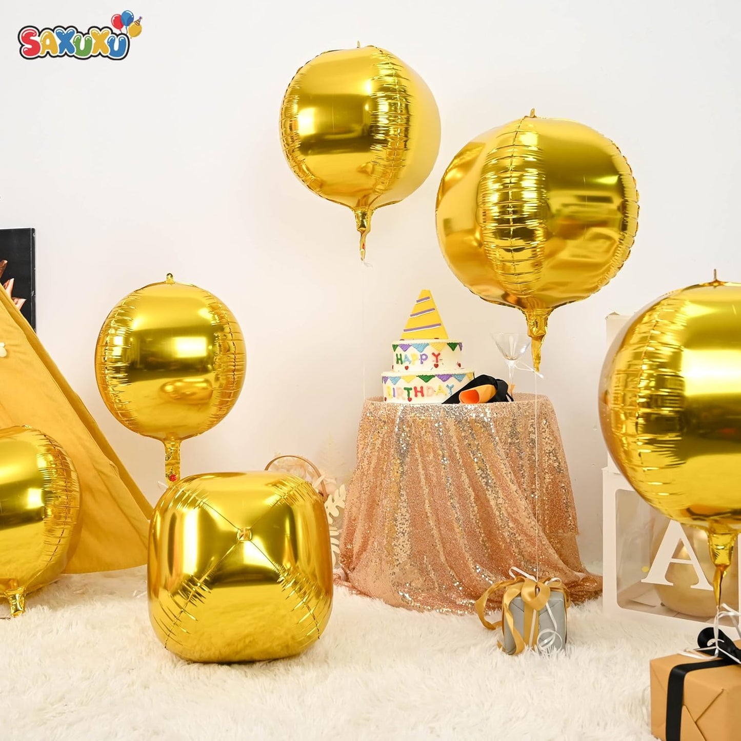 Gold Giant 4D Foil Balloons, Saxuxu 6Pcs Large Metallic Gold Round Balloons, 22 Inch Big Round Foil Balloon for Gold Birthday Party Baby Shower Wedding Decorations