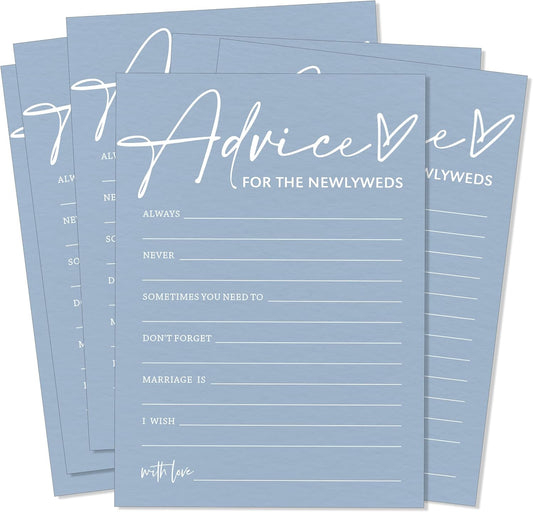 Wedding Advice Cards - Bdvice and Wishes for the Newlyweds Mr and Mrs Bride & Groom Perfect for Bridal Shower Wedding Games and Guest Book Alternative Pack of 25 Minimalist Blue 5x7 Inch Cards - B04