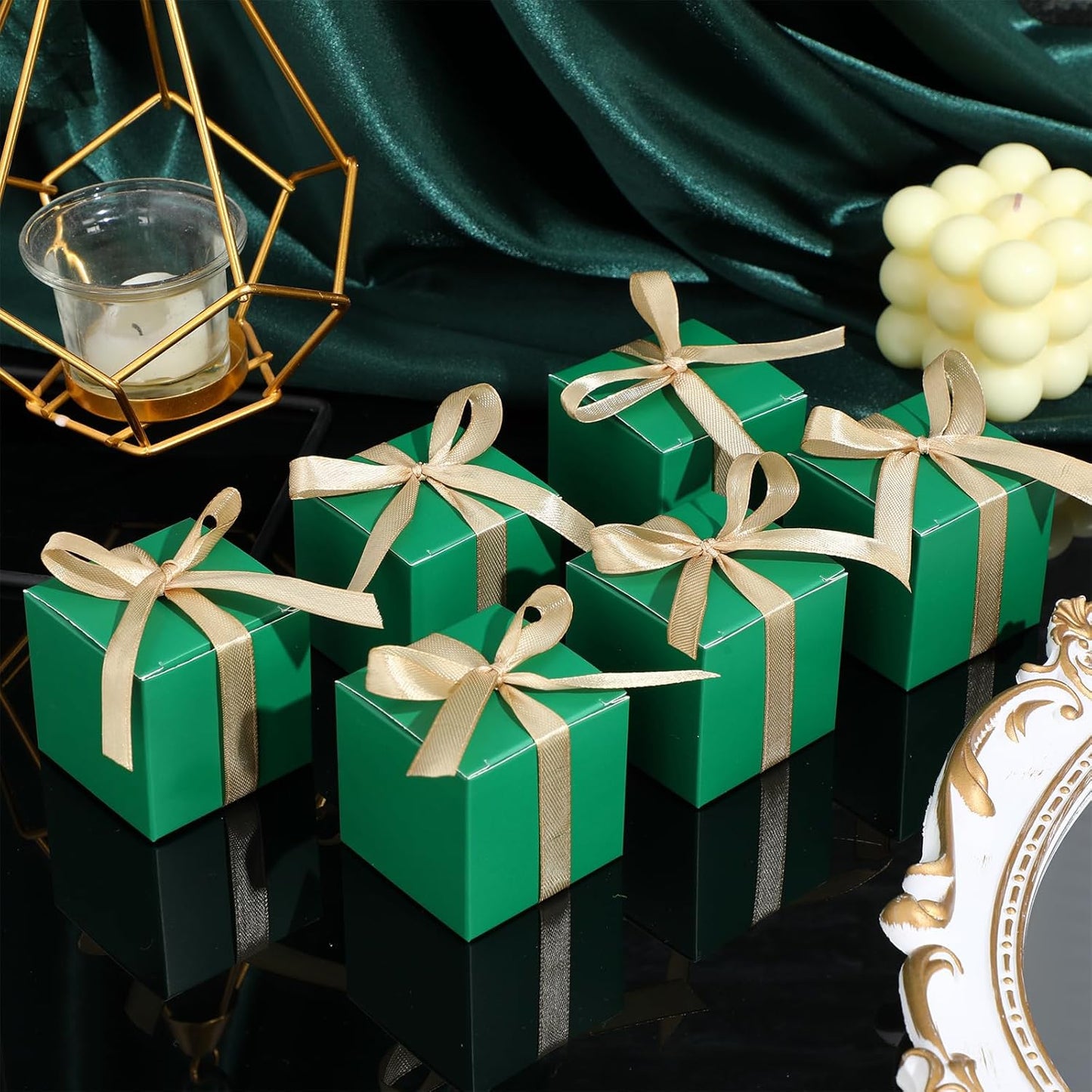Jutom 100 Pcs Mini Favor Boxes Extra Small Candy Boxes Paper with Gold Ribbon for Christmas Thanksgiving Day Birthday Wedding Anniversary Supplies(2 x 2 x 2 Inch,Green)