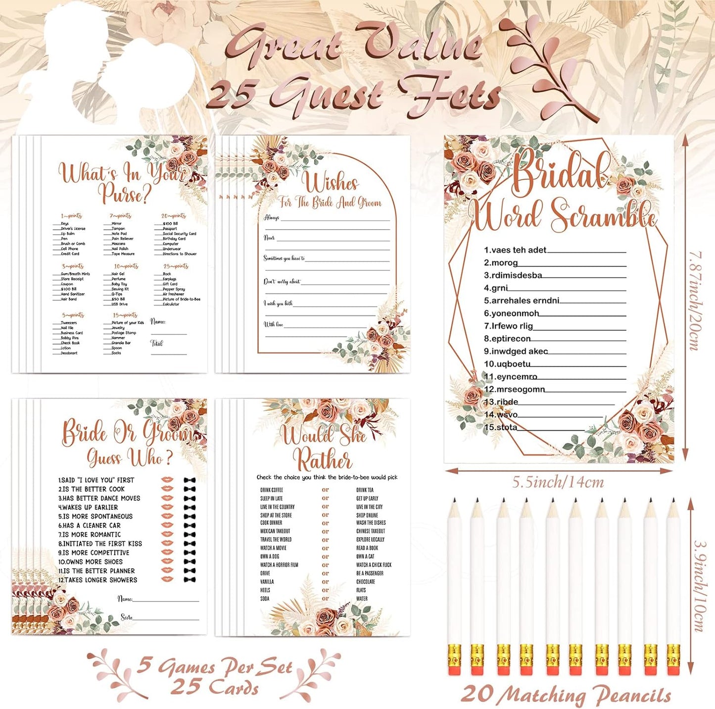 Teling 145 Pieces Bridal Shower Game Bridal Shower Favors Set Wedding Games Cards and Pencils for Bride Groom Bachelorette Party Wedding Party Favor(Boho Style)