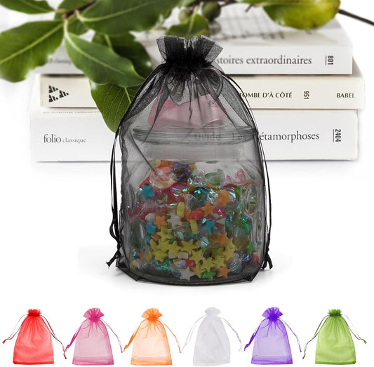 ANZNKU 50 Pack Organza Bags 6x9 inches, Gift Bag Mesh Drawstring Bags for Gifts Large Organza Bag Drawstring for Halloween Wedding Party Favor Christmas(Black)