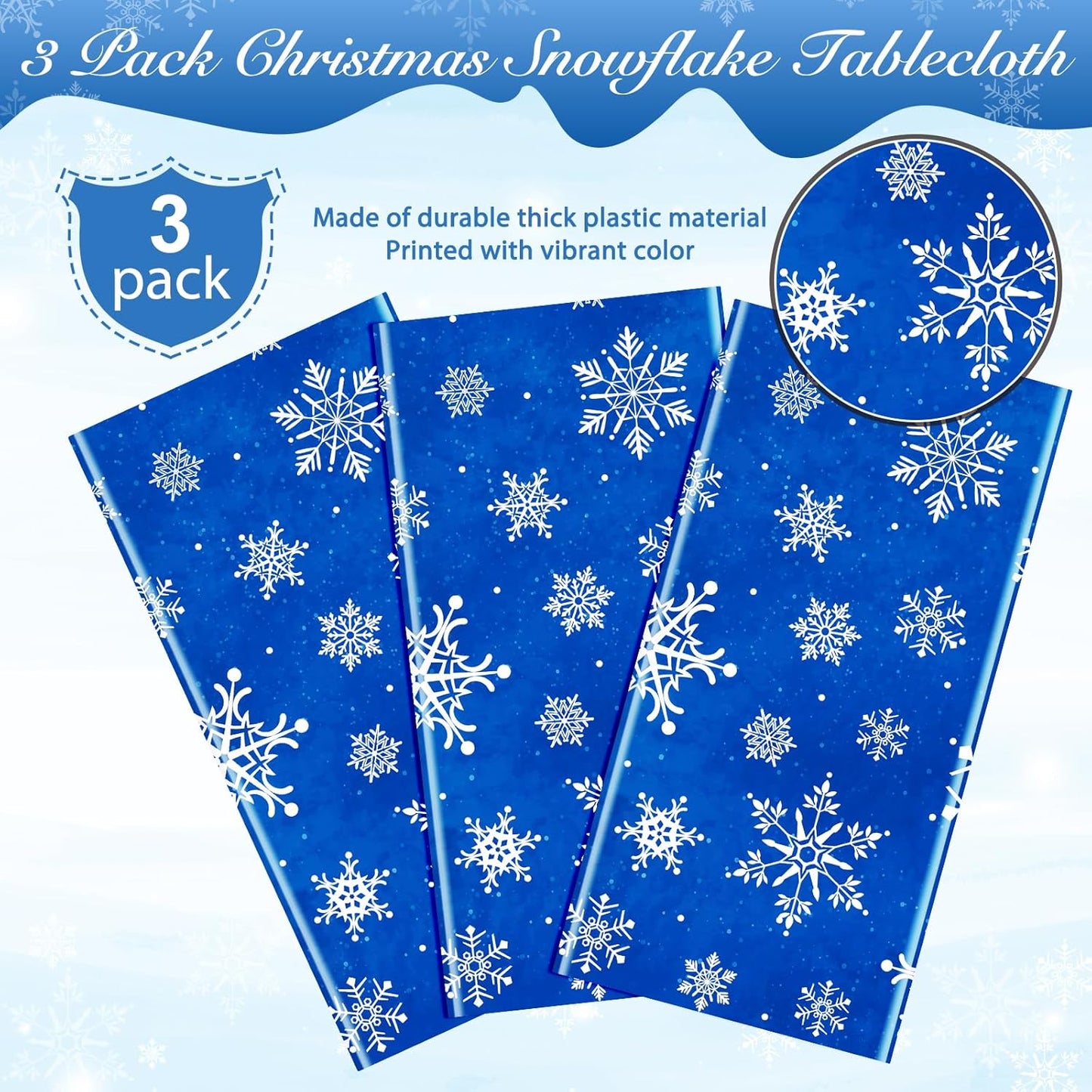 Jectivs 3 Pieces Christmas Snowflake Plastic Party Tablecloth Decorations,White Snowflake Blue Xmas Backdrop Sign Table Cover Banner for Winter Christmas Holiday Party Supplies,54x108 inch (Blue)