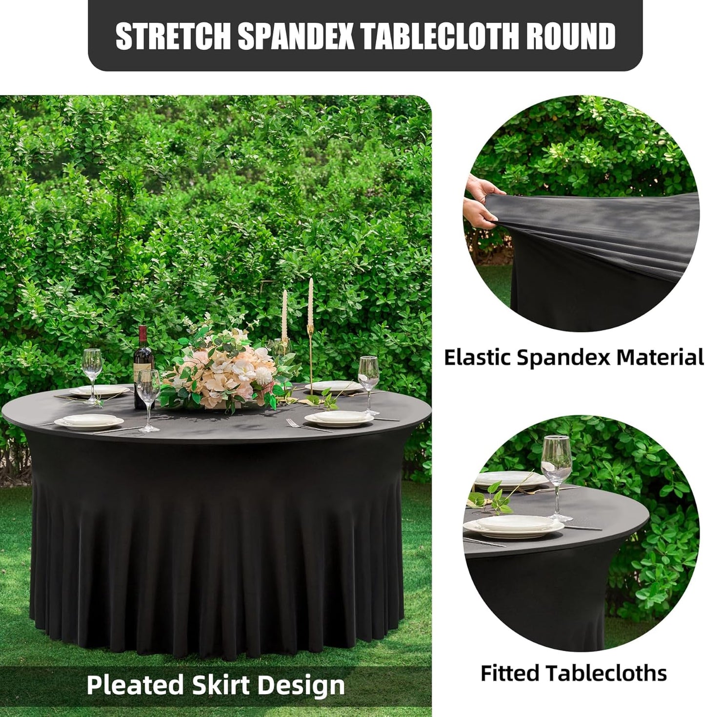 8 Pack Black Round Spandex Tablecloth 60 Inch, Wrinkle Free Stretch 120 Inch Fitted 5ft Black Table Cloths Round Table Covers with Ruffle Skirt for Graduation Wedding Party Banquet