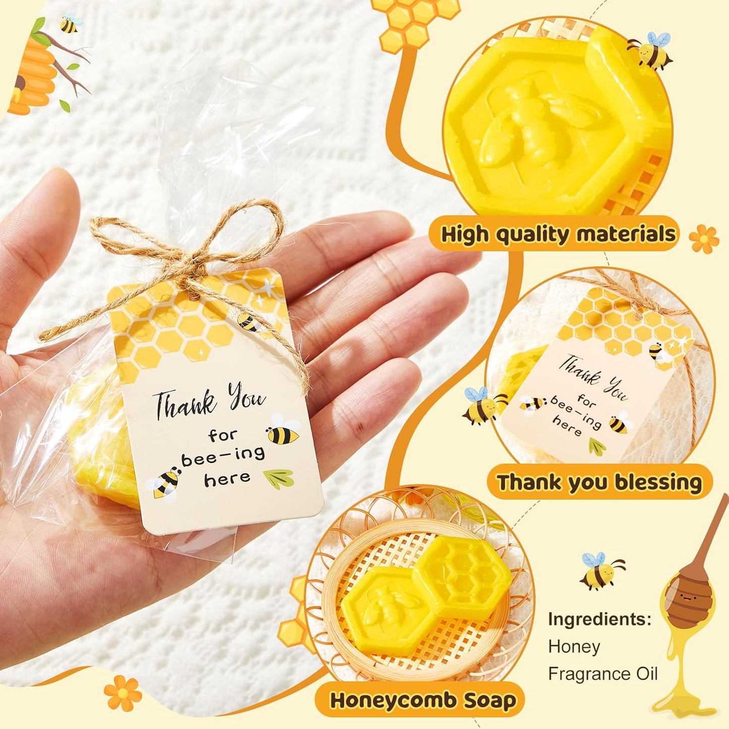 72 Set Baby Shower Favors Bee Party Favors Including Honeycomb Soap with Thank You Card Gift Honey Soap for Guest Gender Reveal Honey Gift Birthday Party Decorations (Yellow)