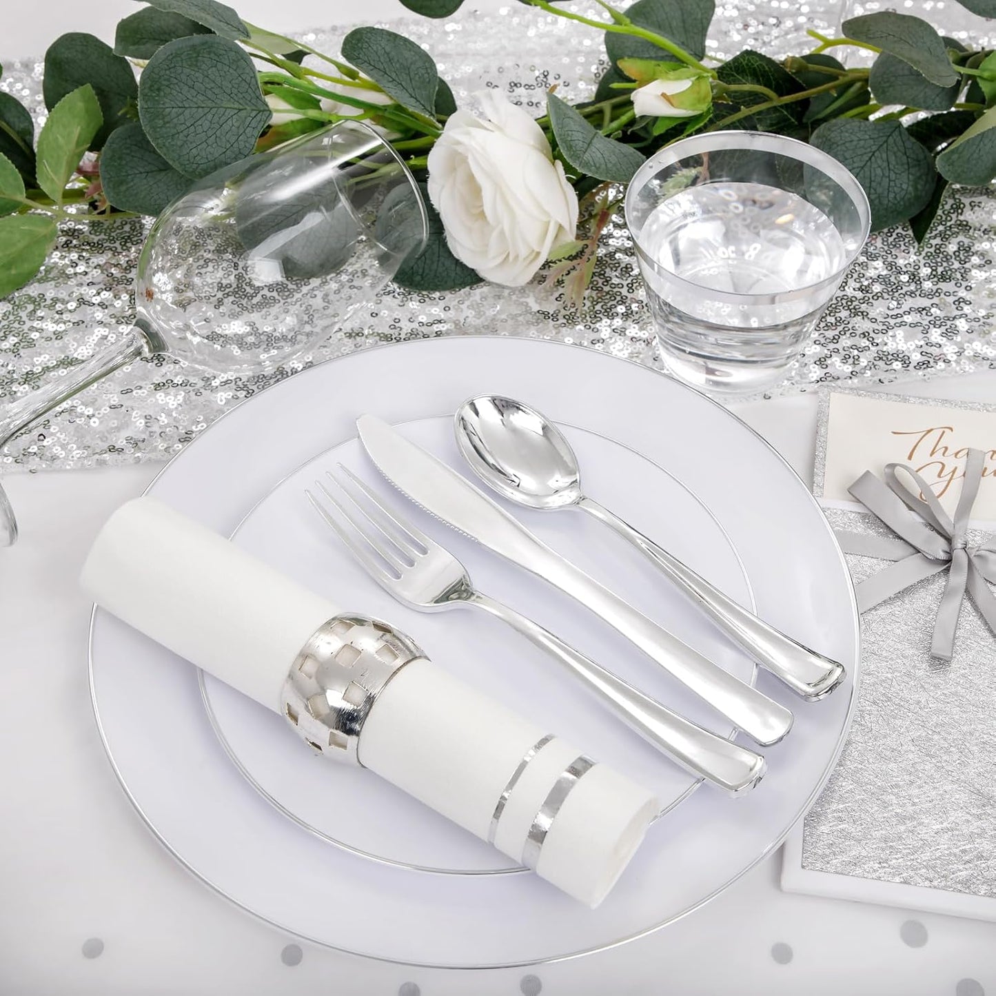 Festiva 176Pcs Silver Plastic Christmas Plates - Party Plates and Cups and Napkins Sets: 25Dinner Plates 25Dessert Plates 25Cups 25 Cutlery 25 Napkins 1Tablecloth for New Year Party&Wedding&Christmas