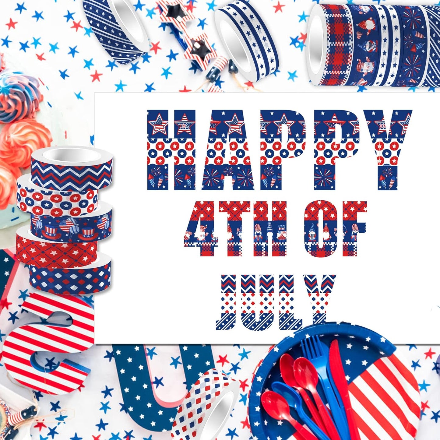 Washi Tape 12 Rolls Washi Tape Set Patriotic Packing Tape American Flag Washi Masking Tape Decorative Paper Stickers Decorative Tape for Gifts Wrapping DIY Art Crafts