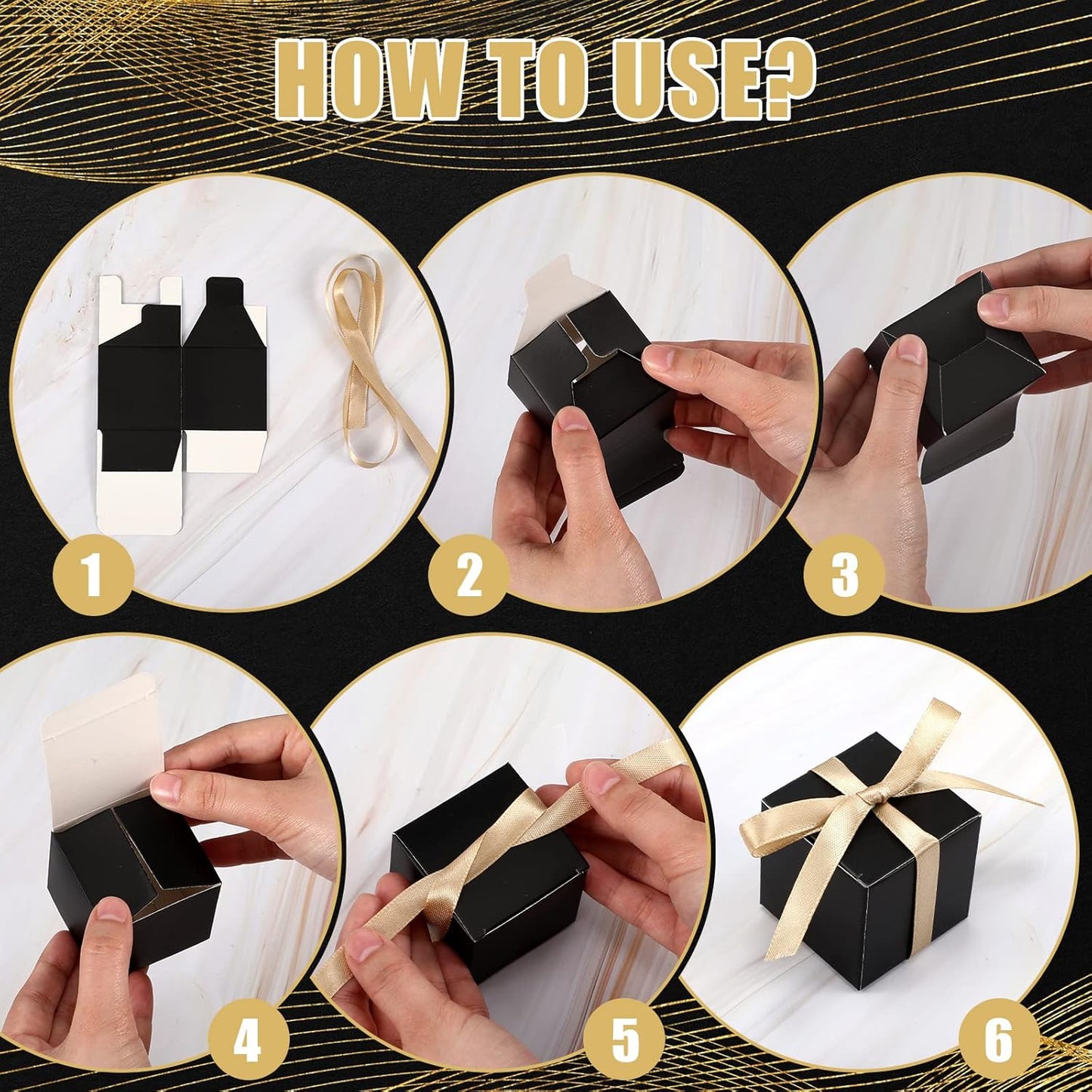 Jutom 100 Pcs Mini Favor Boxes Extra Small Candy Boxes Paper with Gold Ribbon for Christmas Thanksgiving Day Birthday Wedding Anniversary Supplies(2 x 2 x 2 Inch,Black)