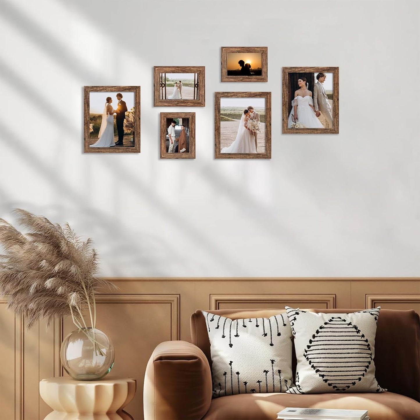 5x7 Picture Frame Set of 4, High Definition Glass Brown Frame, 5 x 7 Wood Rustic Photo Frames for Horizontal or Vertical Table Top and Wall Mounting