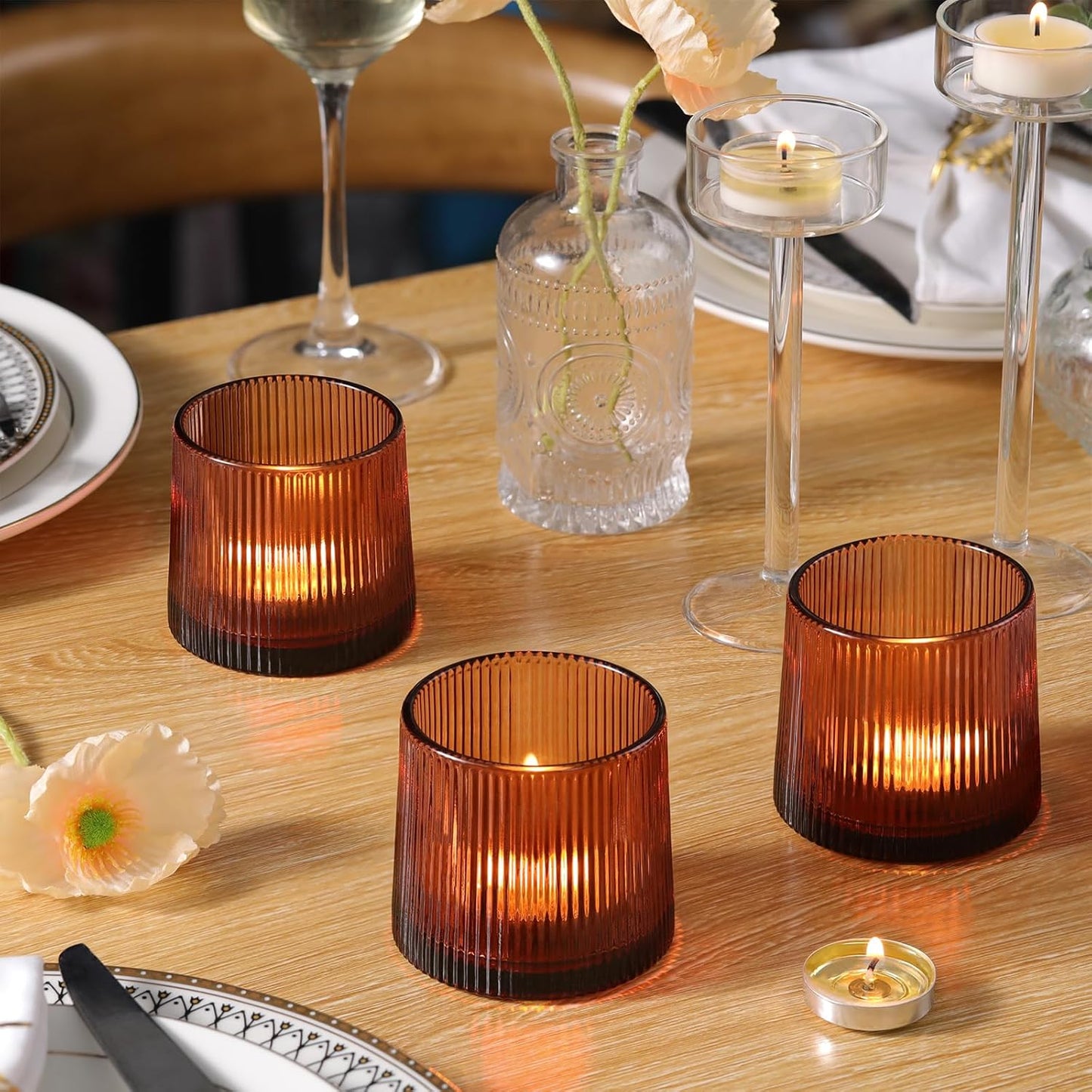 Amber Ribbed Tealight Votive Candle Holders- 6Pack Glass Candle Holders for Table Centerpiece, Home Decor, Wedding Decor, Party Dinner