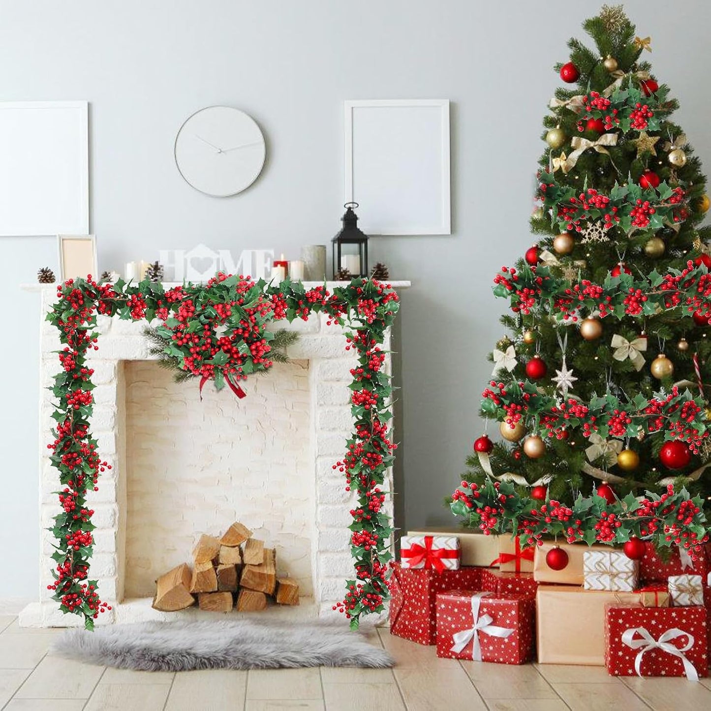 Uguisu 2pcs 5.6ft Red Artificial Christmas Garland,Eucalyptus Green Garland with Berry Flower Clusters,Artificial Vines for Fireplaces,Dining Tables,Christmas Parties