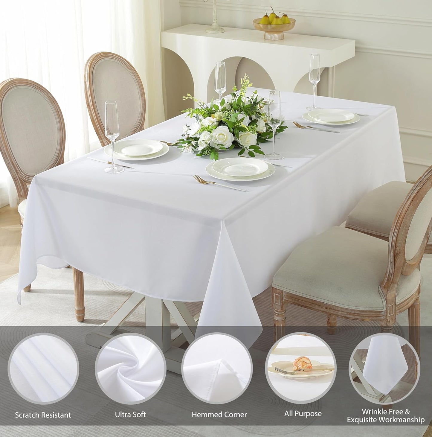 Craft And Party Rectangle Tablecloth, 90 x 156 Inch White Tablecloth, 8ft Rectangle Table Cloth, Polyester Fabric Washable Tablecloth for Home, Party, Wedding or Restaurant Use.