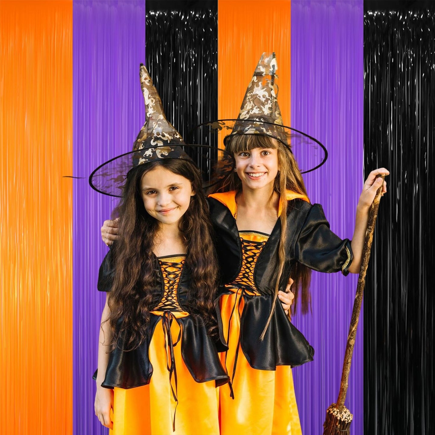 GOER 3.2 ft x 8.2 ft Metallic Tinsel Foil Fringe Party Backdrop for Halloween Birthday Graduation New Year's Party Decorations(3 Packs,Black&Orange&Purple)
