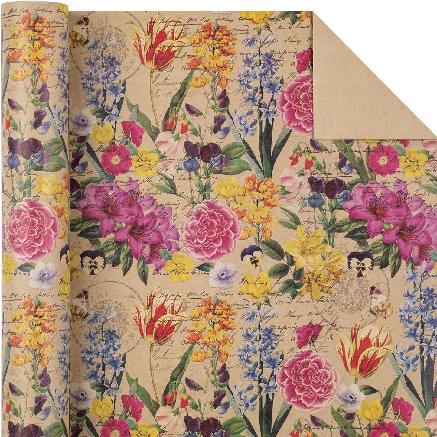 WRAPAHOLIC Kraft Floral Wrapping Paper Roll - Mini Roll - 17 Inch x 9.8 Feet - All Occasion Vintage Flower Wrapping Paper for Wedding Bridal Shower Birthday
