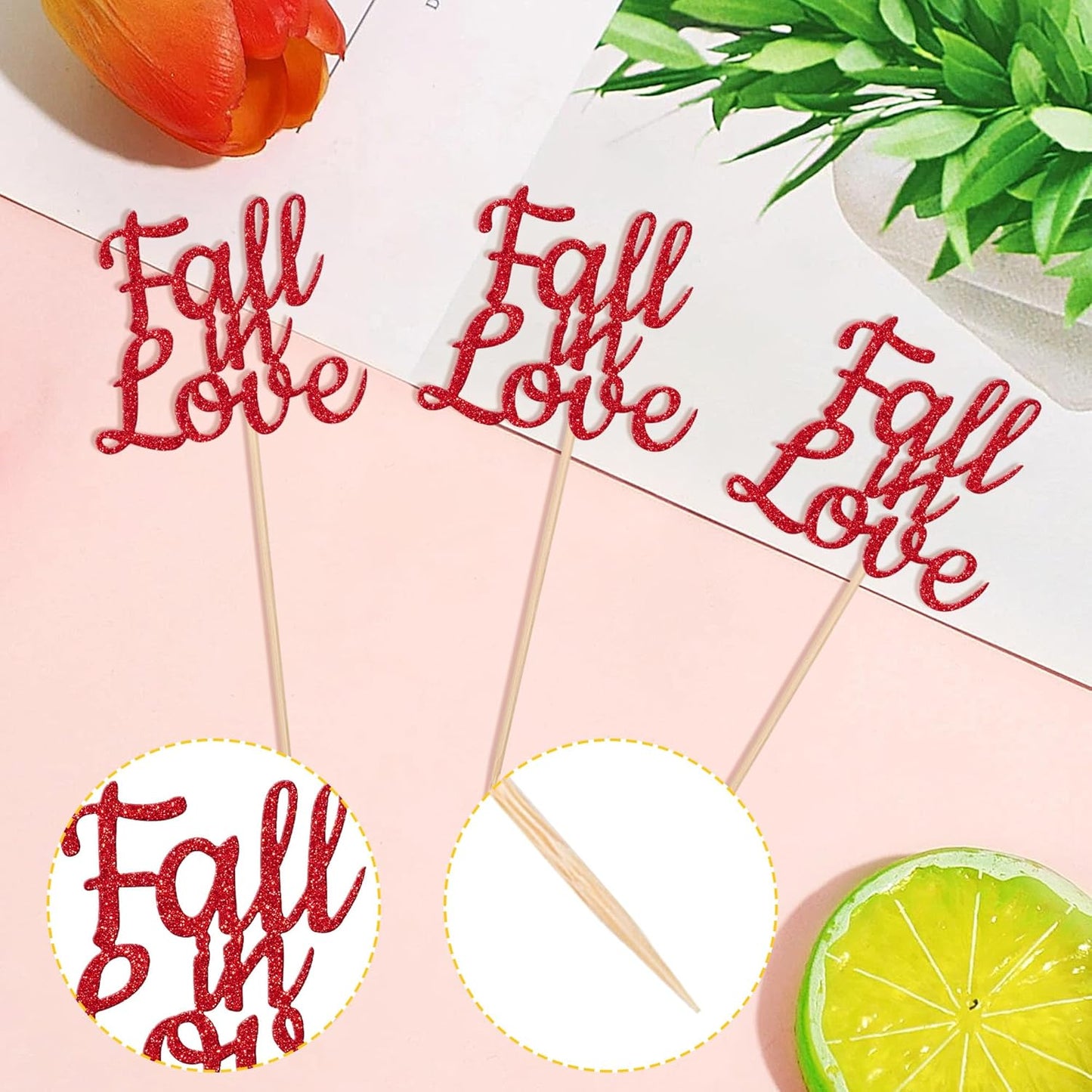 24 PCS Fall in Love Cupcake Toppers Glitter Fall Theme Party Cupcake Picks Bridal Shower Cupcake Decorations for Autumn Wedding Engagement Anniversary Birthday Party Cake Decorations Supplies Red