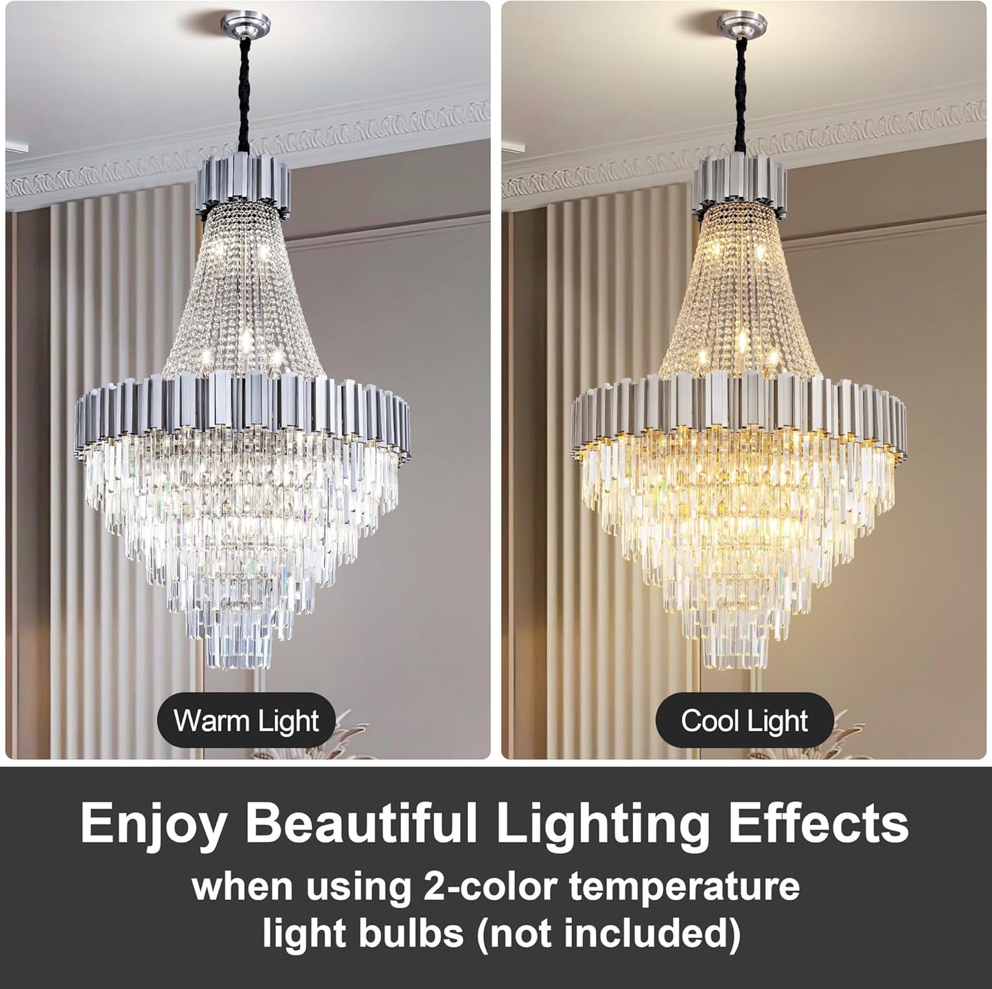 54" Luxury Long Crystal Chandelier for High Ceilings, 21-Light Modern Silver Large Chandeliers for Staircase, Foyer, Entryway, Living Room, Hallway, Contemporary K9 Crystal Tiered Chandelier