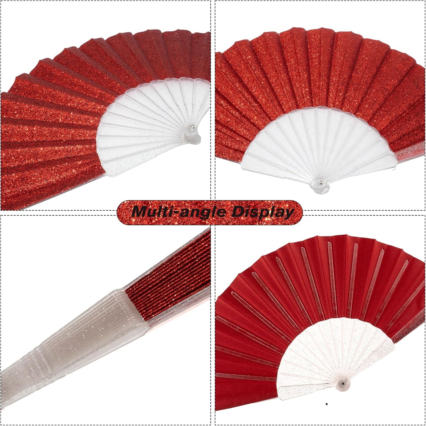48 Pack Handheld Fan,Folding Hand Glitter fan with Shining Transparent Fan Rib – Ideal for Wedding, Church, Festival, Dance, Tea Party, Club, and EDM Accessories, Red