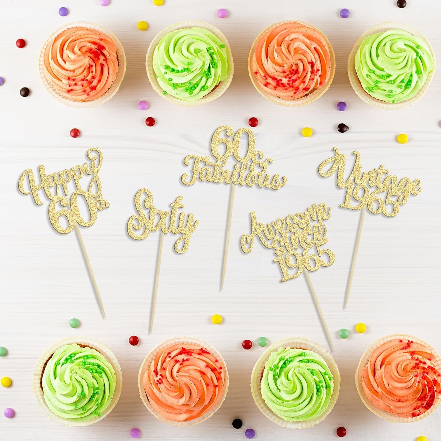 30Pcs Vintage 1965 Cupcake Toppers Glitter Sixty Happy 60th Birthday 60 Fabulous Cupcake Picks Cheers to 60 Years for 60th Birthday Wedding Anniversary Party Cake Decorations Supplies Gold