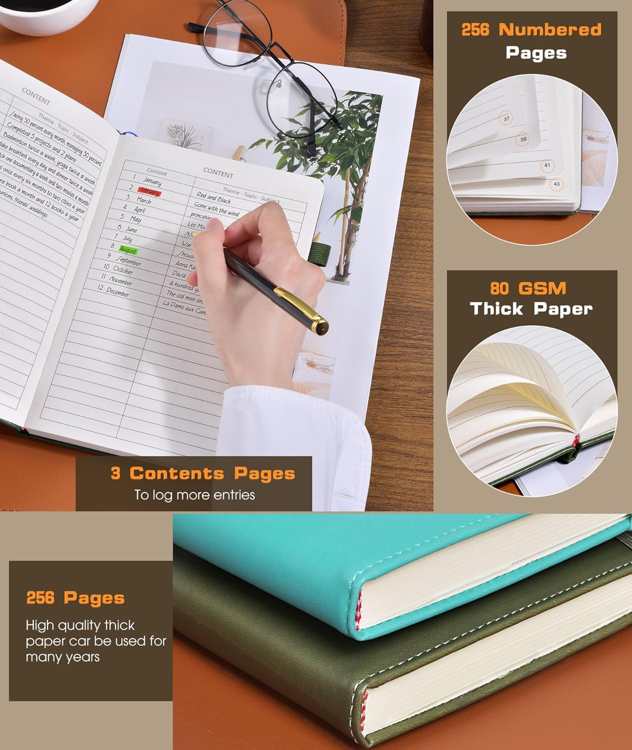 Lined Journal Notebook for Women Men, 256 Numbered Pages Hardcover Leather Journals for Writing, A5 Journaling Notebooks, College Ruled Journal for Business Work School 5.75" x 8.38" Olive Green