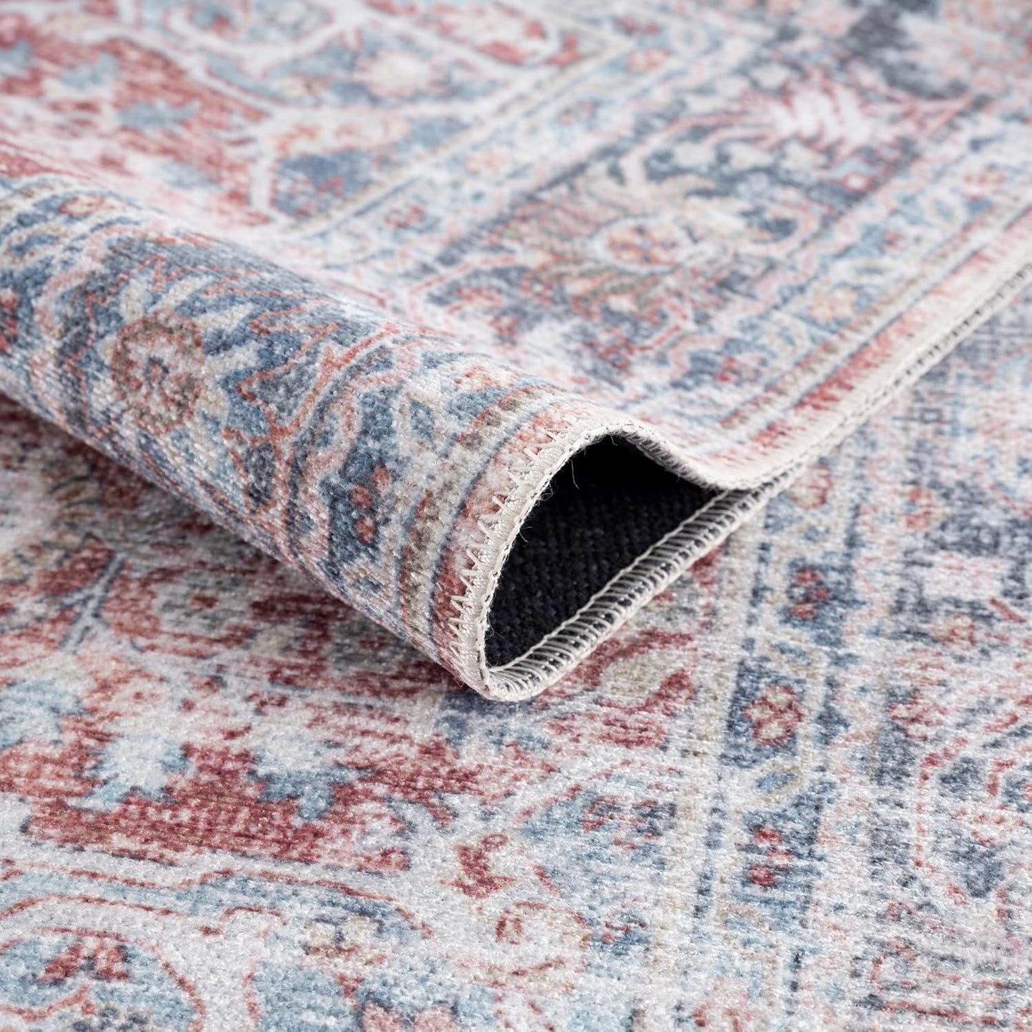 Bloom Rugs Caria Washable Non-Slip 8x10 Rug - Brick/Dark Blue Traditional Area Rug for Living Room, Bedroom, Dining Room, and Kitchen - Exact Size: 7'8" x 10'