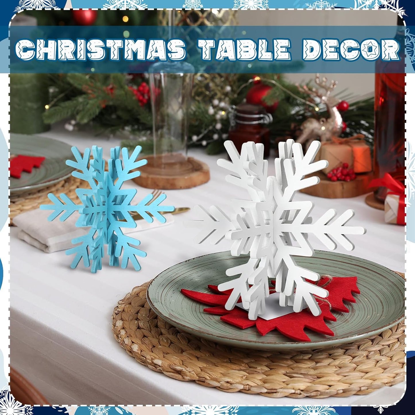 Bucherry 12 Pcs Wooden Snowflake Table Decor 3D Snowflake Tabletop Signs and Centerpiece for Christmas Xmas Winter Wonderland Decorations Home Party(White, Light Blue)