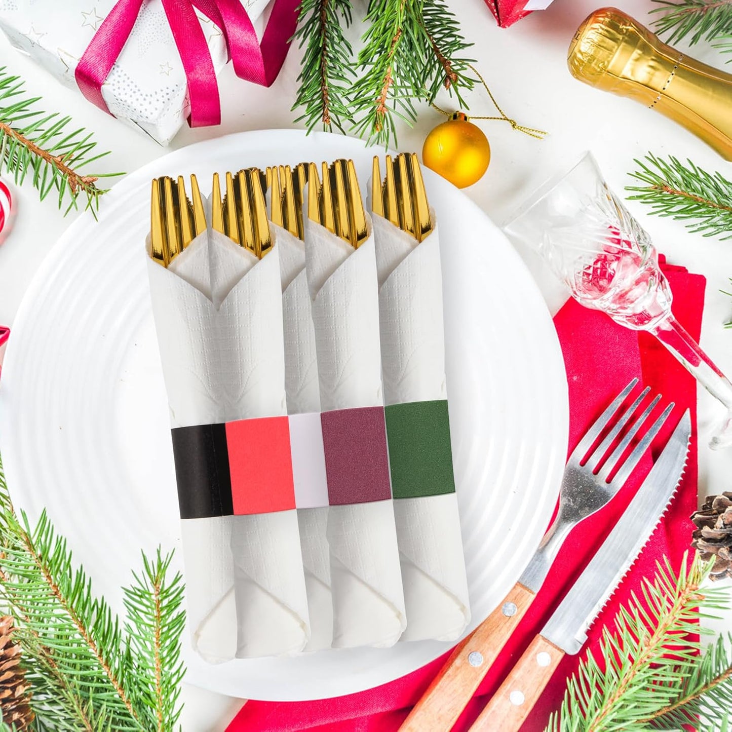 2500pcs Self-Adhesive Napkin Bands & Silverware Wraps, 5 Colors (Burgundy/Red/White/Black/Hunter Green) – Thickened Napkin Rings for Weddings, Restaurants, Party Decor