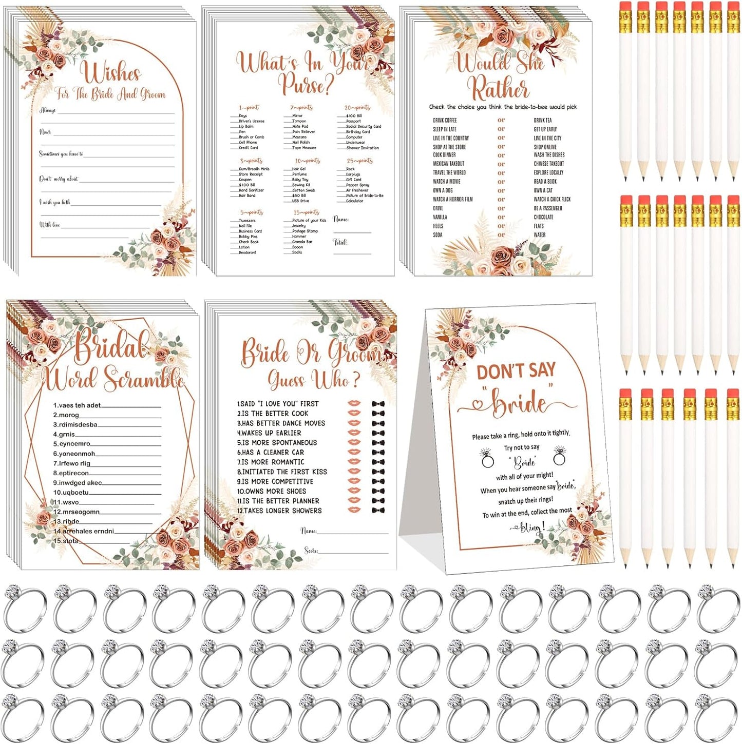Estune 331 Pcs Bridal Shower Games Supplies, 5 Sets 250 Pcs Wedding Cards 1 Put a Ring on It Bridal Shower Games with 60 Rings and 20 Pencils(Boho Style)