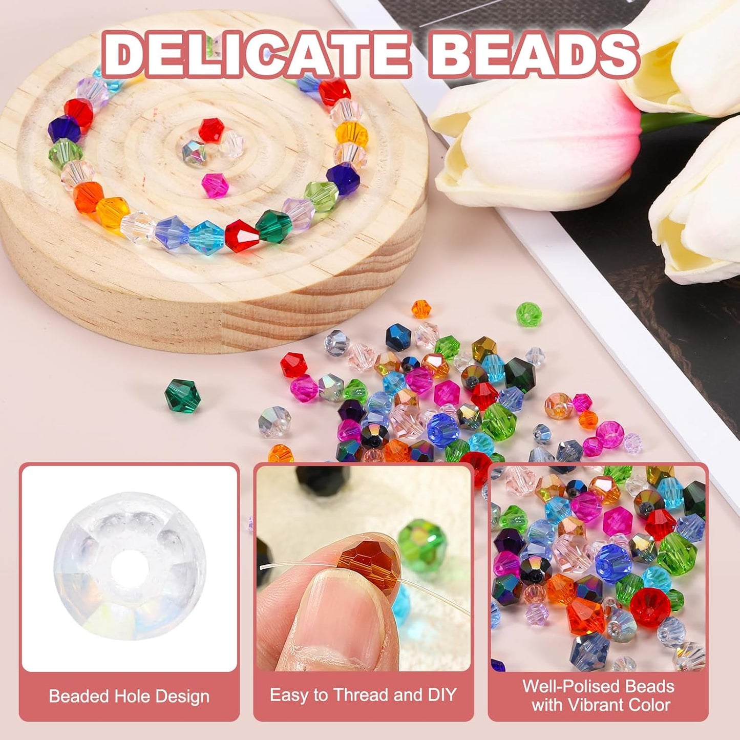 PATIKIL 1000pcs 4mm Bicone Glass Crystal Beads, Faceted Glass Spacer Beads with Box for Jewelry Making Bracelet Necklace Earrings DIY Suncatcher Craft, White AB