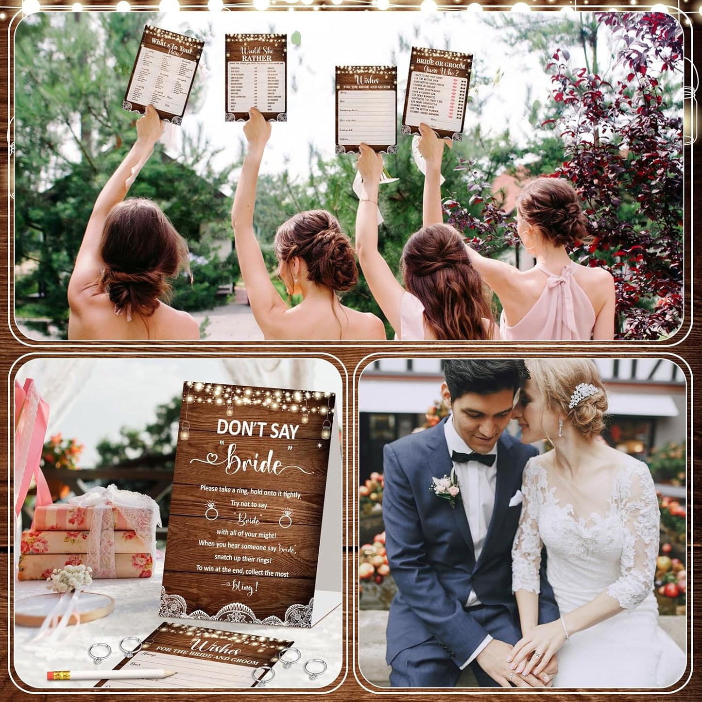 Estune 331 Pcs Bridal Shower Games Supplies, 5 Sets 250 Pcs Wedding Cards 1 Put a Ring on It Bridal Shower Games with 60 Rings and 20 Pencils(Rustic Wood)