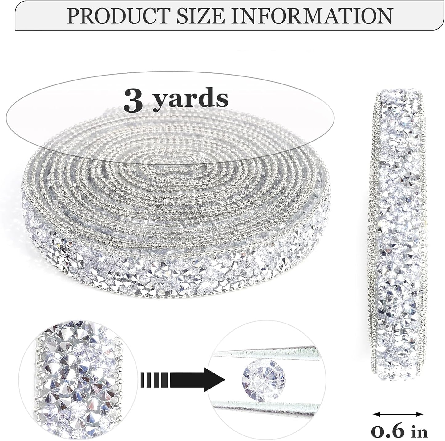 Rhinestone Ribbon 3 Yards Self Adhesive Rhinestone Strips Diamond Ribbon Sticker Crystal Roll Glitter Bling Rhinestones Tape for Crafting DIY Art Decoration (Silver,0.6 Inch)