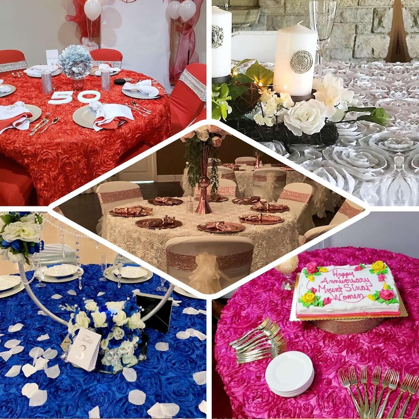 Efavormart 120" Wholesale Round Table Cover Royal Blue Grandiose Rosette 3D Satin Tablecloth for Wedding Party Event Decoration