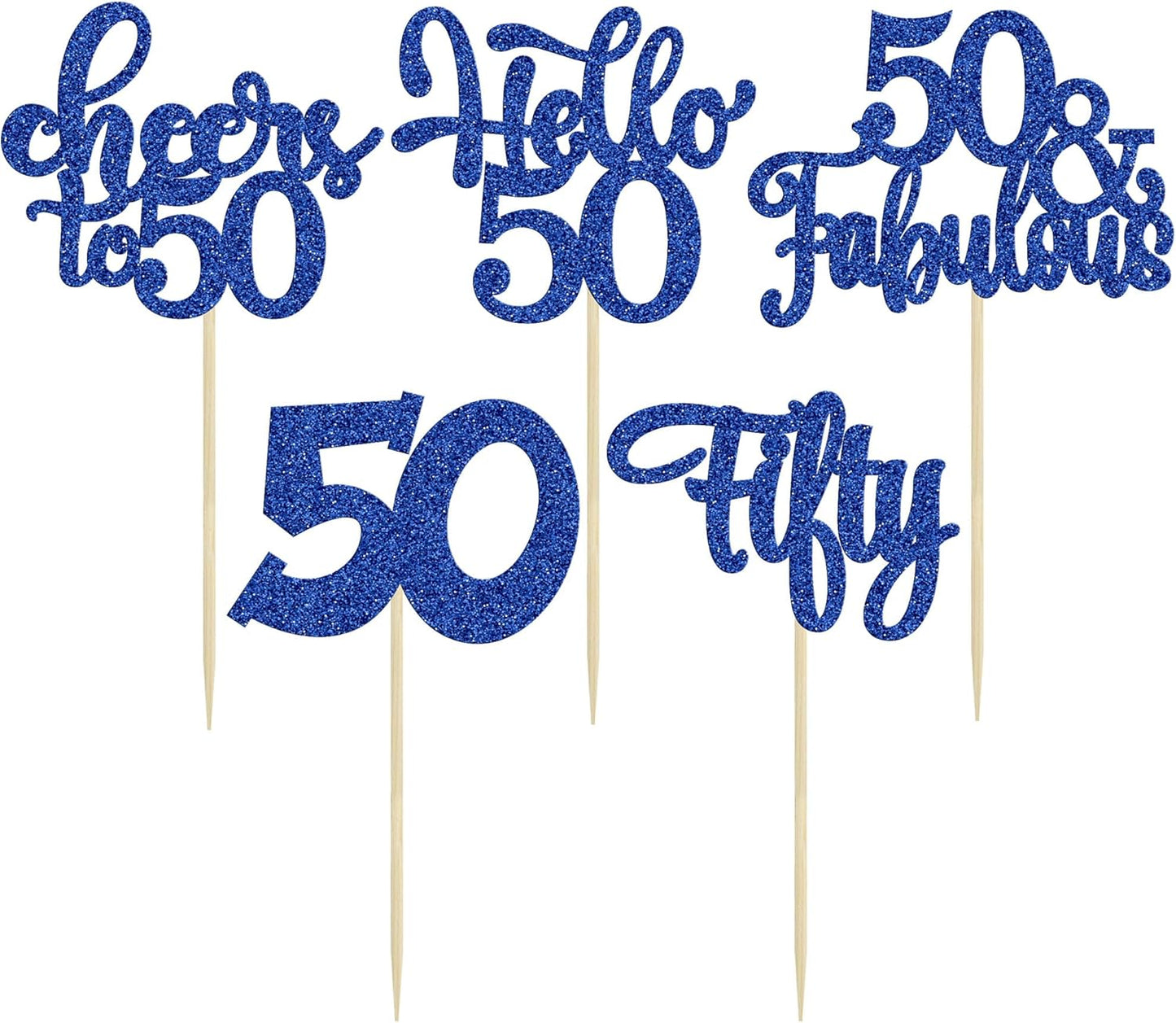 30Pcs Happy 50th Birthday Cupcake Toppers Deep Blue Glitter Fifty Cheers to 50 Years Old Birthday Cupcake Picks for 50th Birthday Anniversary Party Cake Decorations Supplies