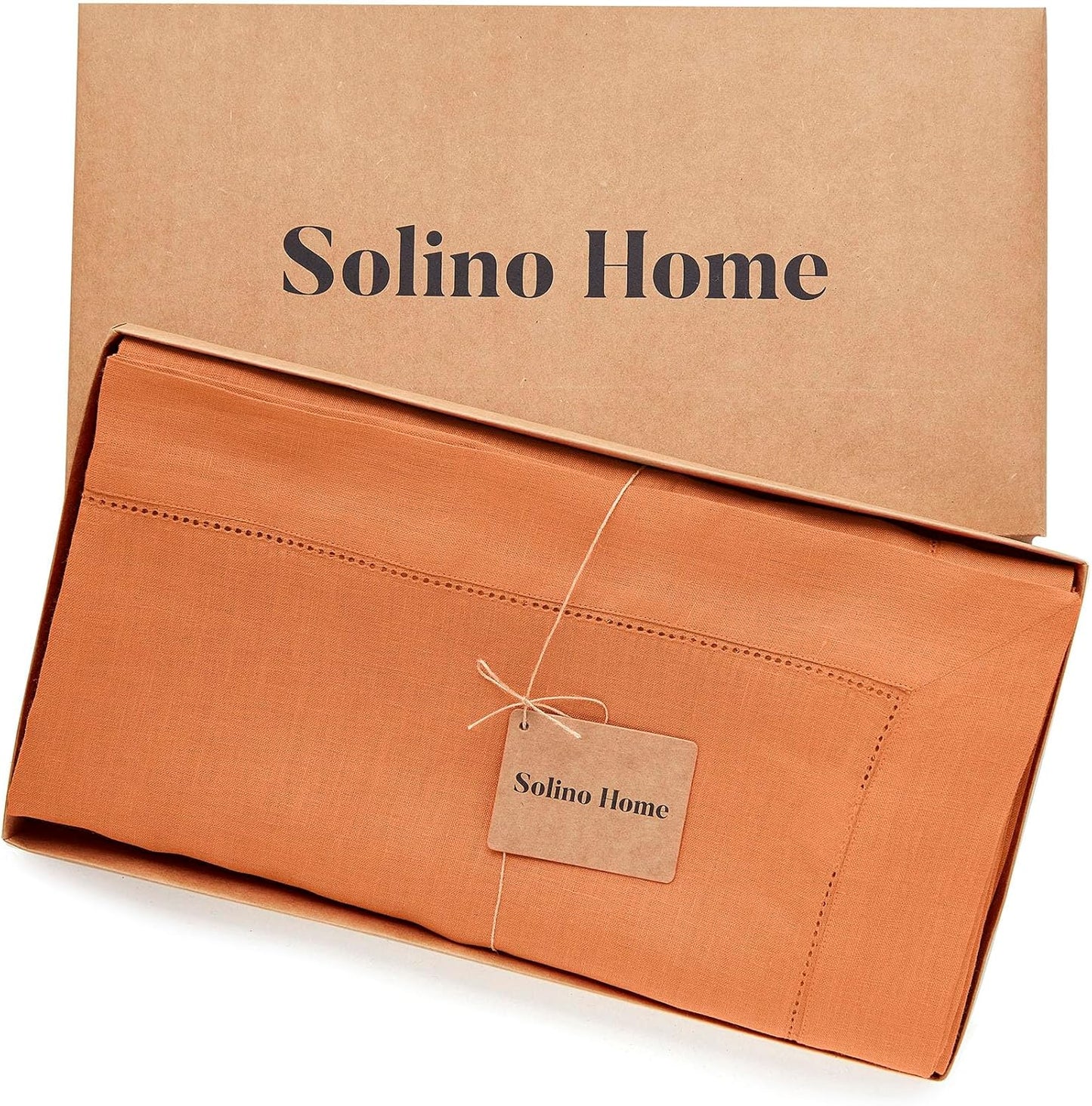 Solino Home Linen Pumpkin Tablecloth 60 x 108 Inch - Classic Hemstitch, 100% Pure Linen Rectangular Tablecloth - Machine Washable Table Cloth for Fall, Autumn, Halloween, Thanksgiving, Holiday