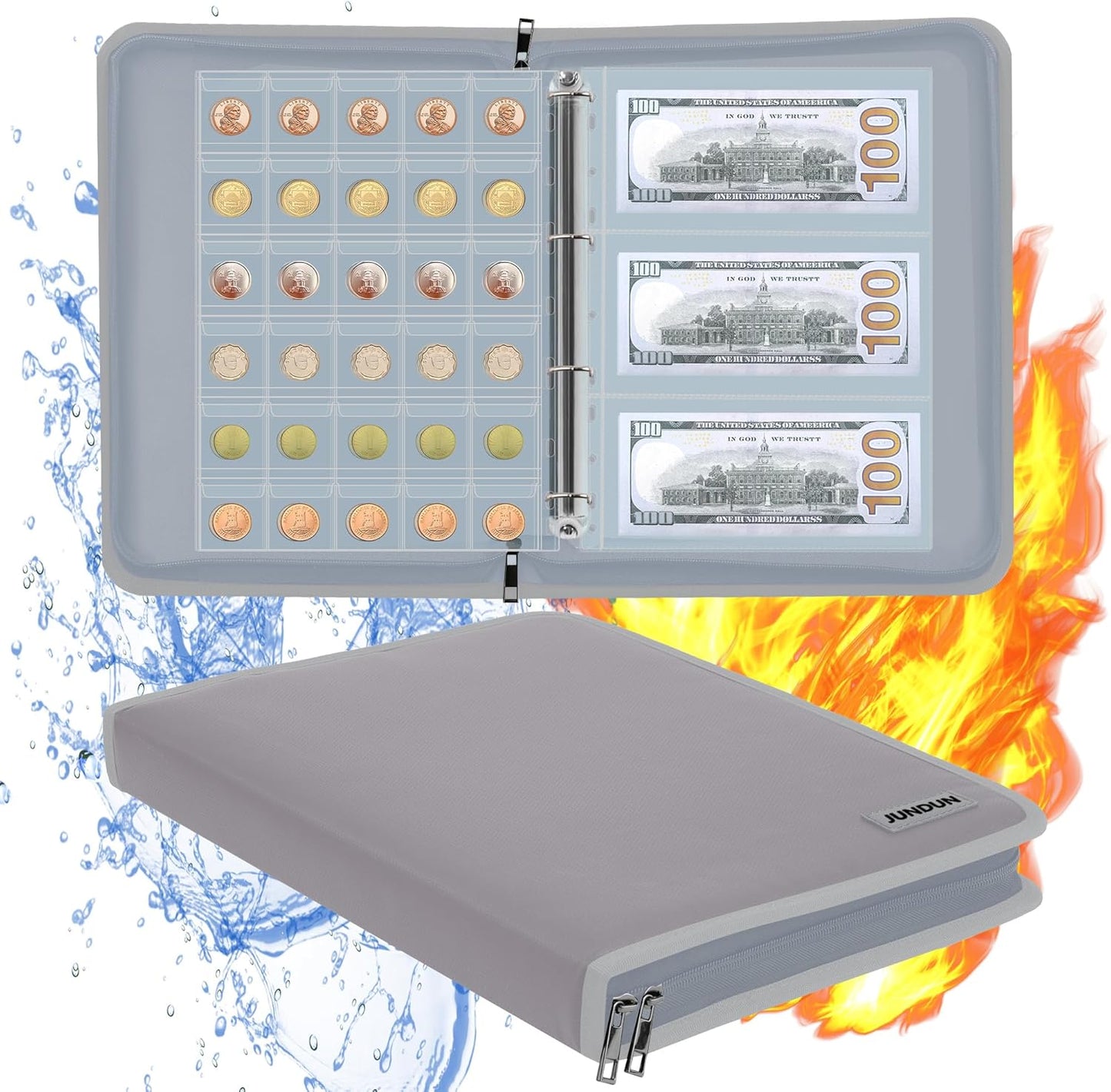 Coin Collection Book Holder for Collectors, 300 Pockets Fireproof Coins Collecting Album & 36 Sleeves Money Storage Case for Coin Currency Collection Supplies, Bill, Quarters, Stamp,Silver